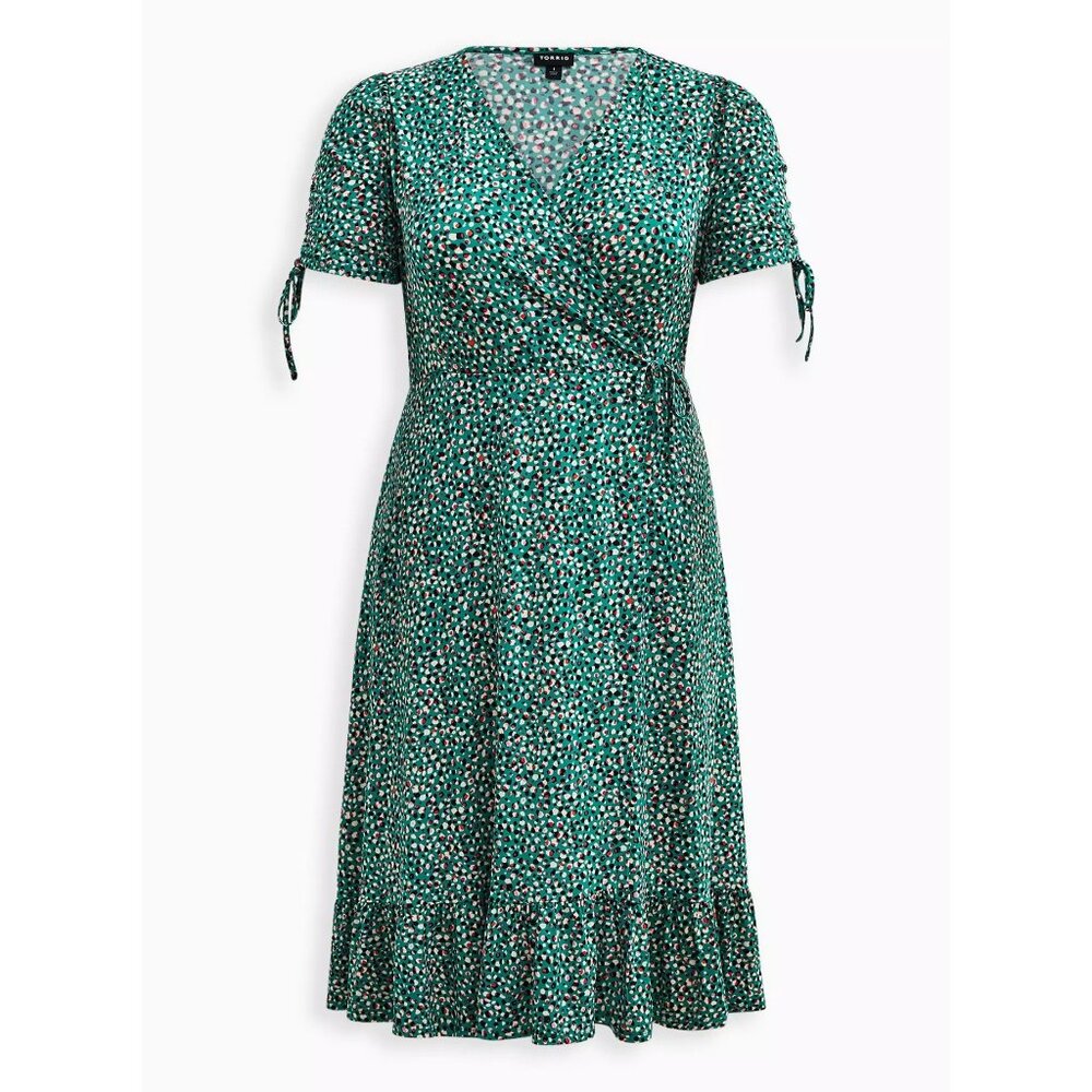 Torrid Green Printed Short Sleeve A-line Polka Dot Stretch Wrap Midi Dress 1X - Picture 2 of 15